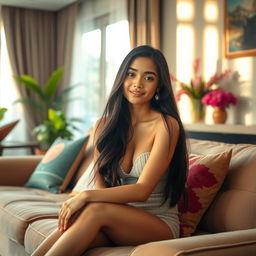 A beautiful Indonesian girl with long, flowing black hair, gracefully seated on a stylish sofa in a tastefully decorated living room