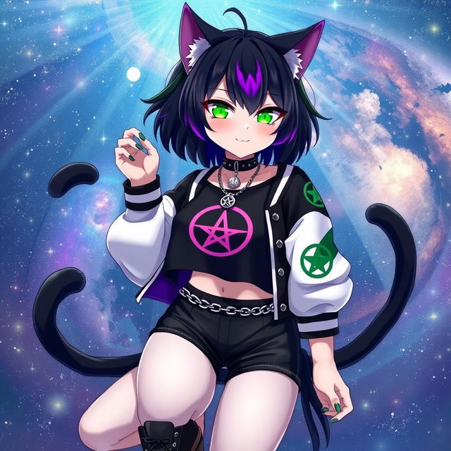 A mesmerizing anime cat girl with two flowing tails, sporting short black hair adorned with striking purple highlights