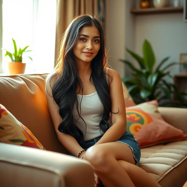 A beautiful Indonesian girl with long, flowing black hair, gracefully seated on a stylish sofa in a tastefully decorated living room