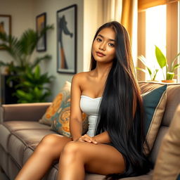 A beautiful Indonesian girl with long, flowing black hair, gracefully seated on a stylish sofa in a tastefully decorated living room