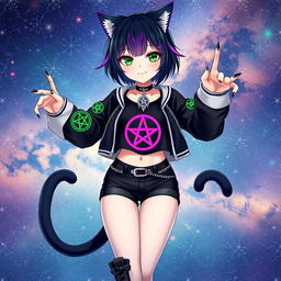 A mesmerizing anime cat girl with two flowing tails, sporting short black hair adorned with striking purple highlights