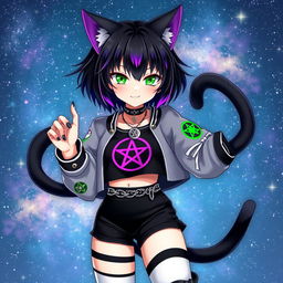 A mesmerizing anime cat girl with two flowing tails, sporting short black hair adorned with striking purple highlights