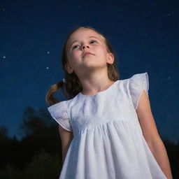 A young girl in a white dress, gazing up at a star-filled night sky.