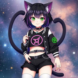 A mesmerizing anime cat girl with two flowing tails, sporting short black hair adorned with striking purple highlights