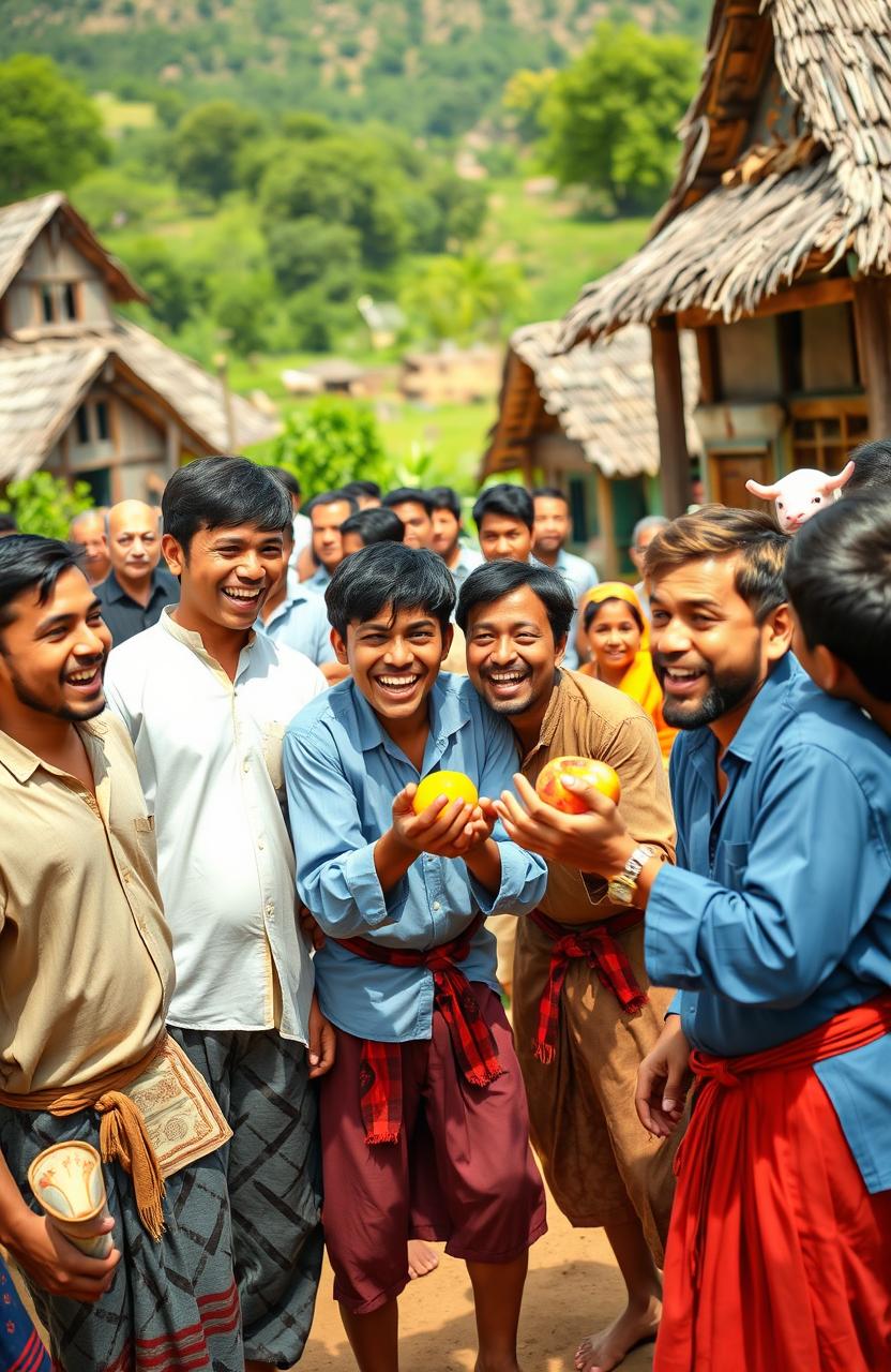 A vibrant and humorous scene depicting a village gathering of young men engaged in a comedic activity, surrounded by a picturesque village landscape with rustic houses and greenery