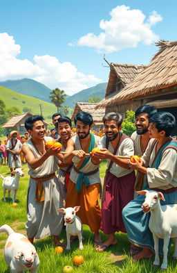 A vibrant and humorous scene depicting a village gathering of young men engaged in a comedic activity, surrounded by a picturesque village landscape with rustic houses and greenery