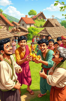 A vibrant and humorous scene depicting a village gathering of young men engaged in a comedic activity, surrounded by a picturesque village landscape with rustic houses and greenery