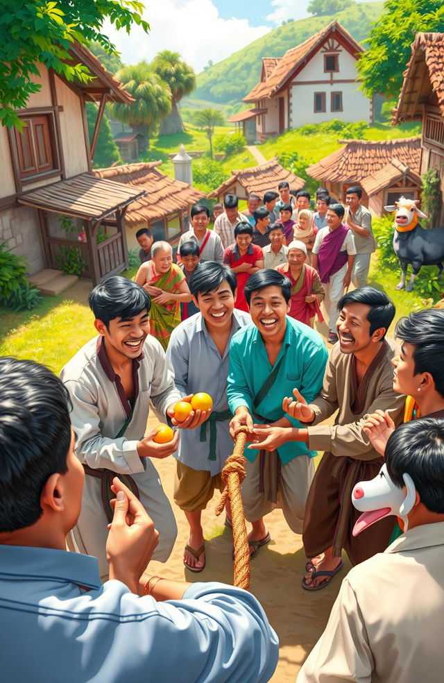 A vibrant and humorous scene depicting a village gathering of young men engaged in a comedic activity, surrounded by a picturesque village landscape with rustic houses and greenery