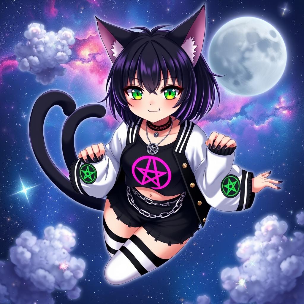 An anime cat girl with two tails, short black hair featuring purple highlights, and glowing bright green cat eyes