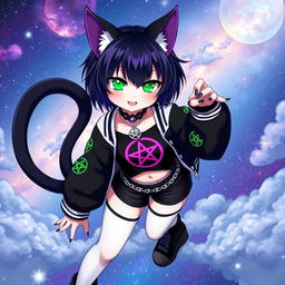 An anime cat girl with two tails, short black hair featuring purple highlights, and glowing bright green cat eyes