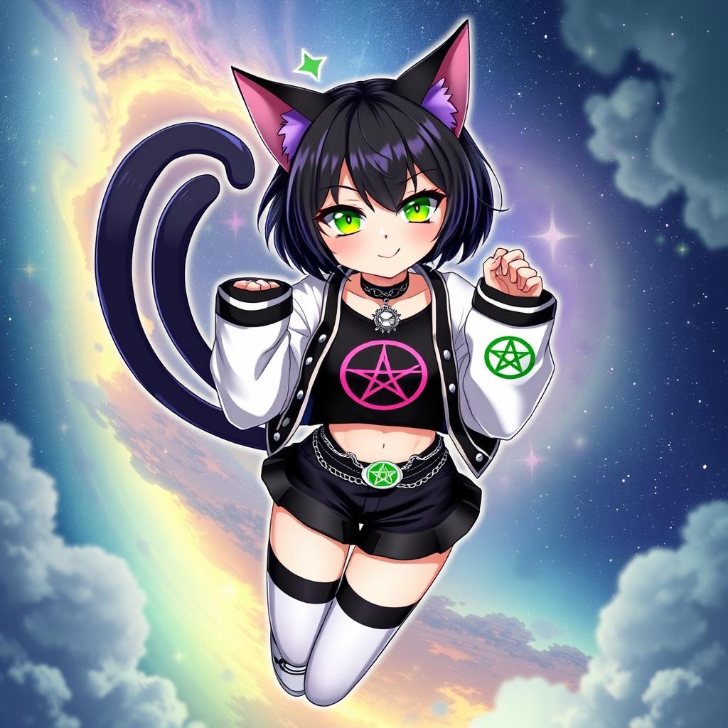 An anime cat girl with two tails, short black hair featuring purple highlights, and glowing bright green cat eyes