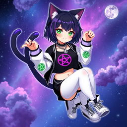 An anime cat girl with two tails, short black hair featuring purple highlights, and glowing bright green cat eyes