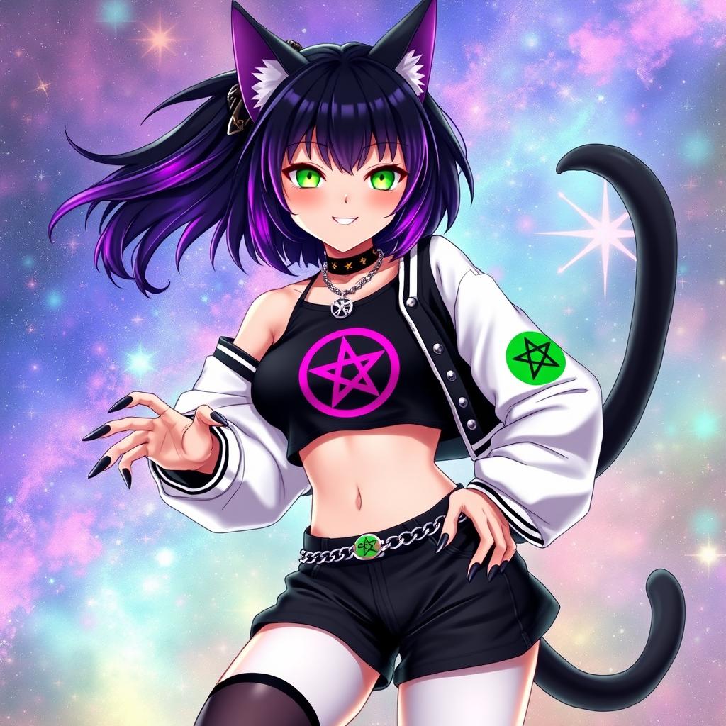 An adult anime cat girl with two flowing tails, featuring short black hair accented with vibrant purple highlights