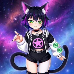 An adult anime cat girl with two flowing tails, featuring short black hair accented with vibrant purple highlights