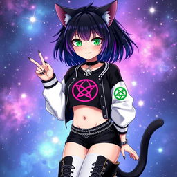 An adult anime cat girl with two flowing tails, featuring short black hair accented with vibrant purple highlights