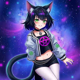 An adult anime cat girl with two flowing tails, featuring short black hair accented with vibrant purple highlights