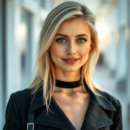 A 25-year-old woman, facing forward, with blonde hair and Slavic features, dressed elegantly in stylish clothing