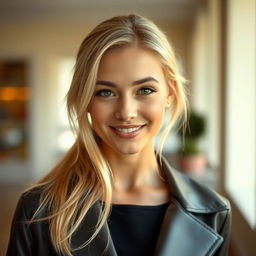 A 25-year-old woman, facing forward, with blonde hair and Slavic features, dressed elegantly in stylish clothing