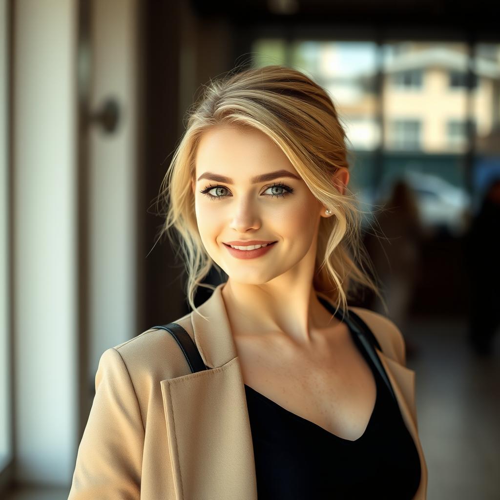 A 25-year-old woman, facing forward, with blonde hair and Slavic features, dressed elegantly in stylish clothing