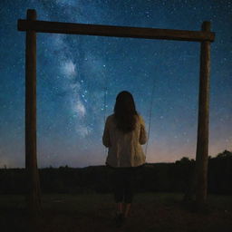 A woman, sitting on a swing, gazing at the starry night sky