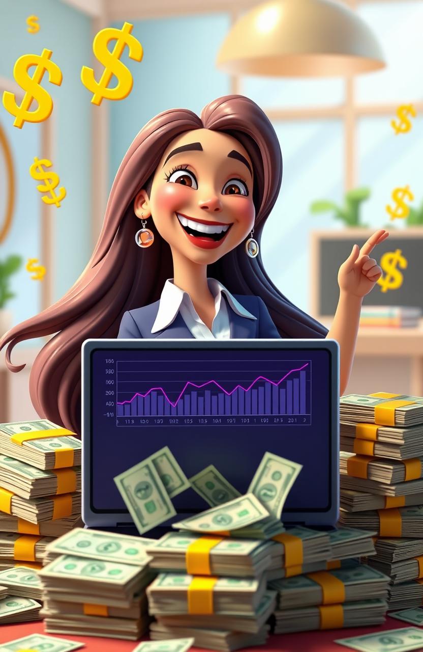 A vibrant and cheerful 3D animated cartoon scene featuring a happy woman with a big smile, surrounded by stacks of cash, with a laptop open in front of her displaying financial graphs