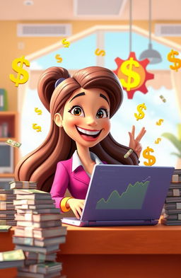 A vibrant and cheerful 3D animated cartoon scene featuring a happy woman with a big smile, surrounded by stacks of cash, with a laptop open in front of her displaying financial graphs