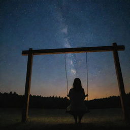 A woman, sitting on a swing, gazing at the starry night sky