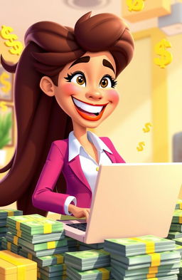 A vibrant and cheerful 3D animated cartoon scene featuring a happy woman with a big smile, surrounded by stacks of cash, with a laptop open in front of her displaying financial graphs