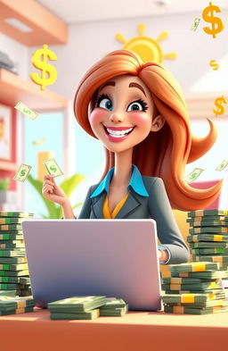 A vibrant and cheerful 3D animated cartoon scene featuring a happy woman with a big smile, surrounded by stacks of cash, with a laptop open in front of her displaying financial graphs