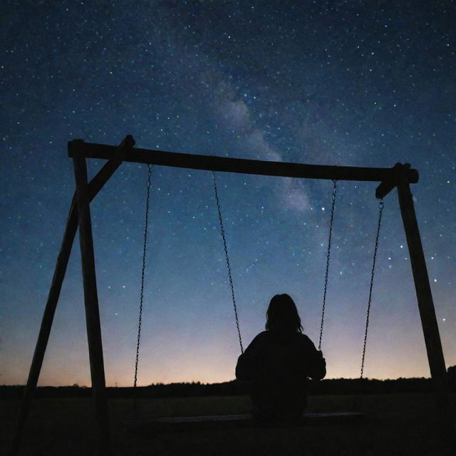 A woman, sitting on a swing, gazing at the starry night sky