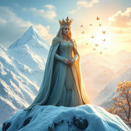 A majestic queen standing atop a snow-covered mountain, with a frozen kingdom stretching behind her, showcasing icy blues and whites