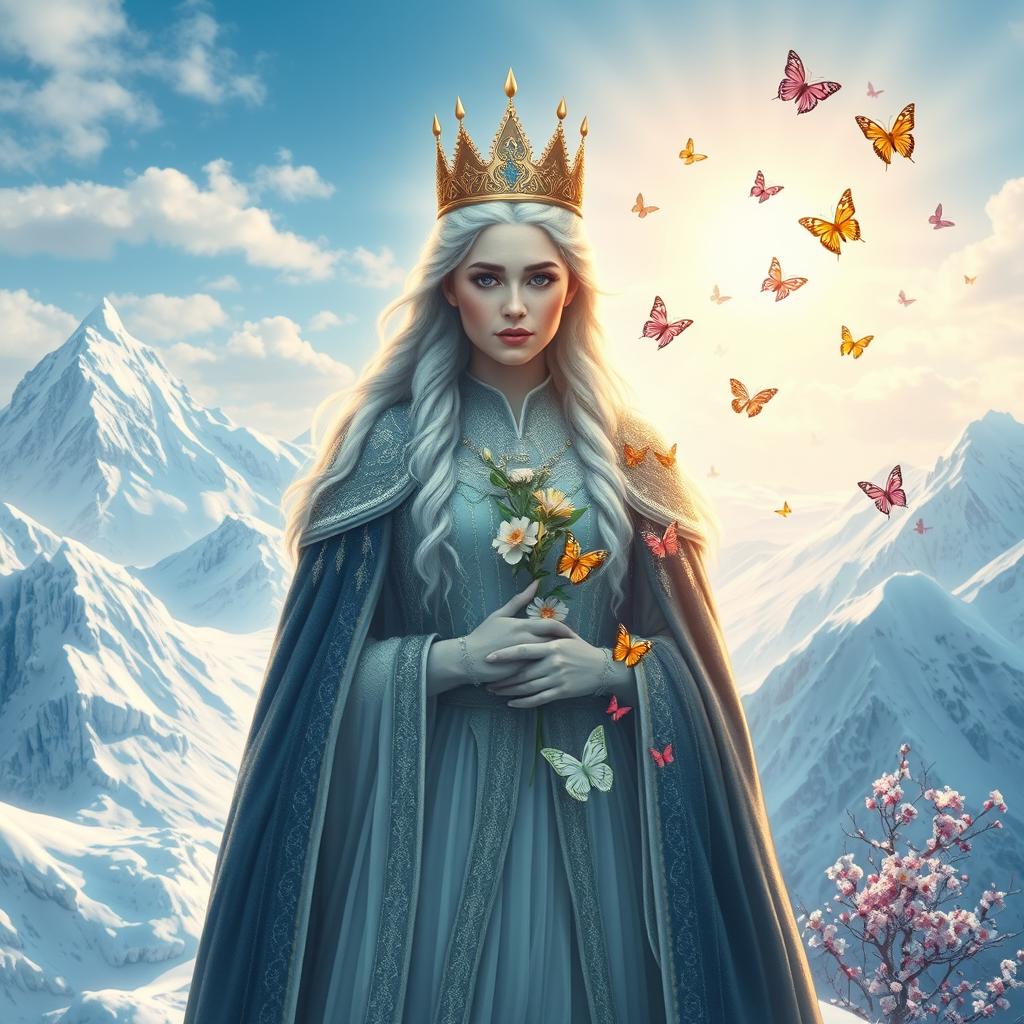 A majestic queen standing atop a snow-covered mountain, with a frozen kingdom stretching behind her, showcasing icy blues and whites