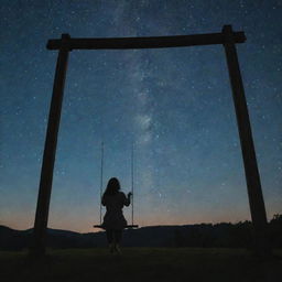 A woman, sitting on a swing, gazing at the starry night sky