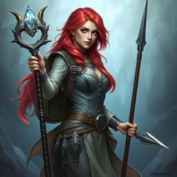 A stunning depiction of a Dungeons & Dragons mermaid draconic sorcerer in her human form, showcasing her striking red hair and mesmerizing silver eyes