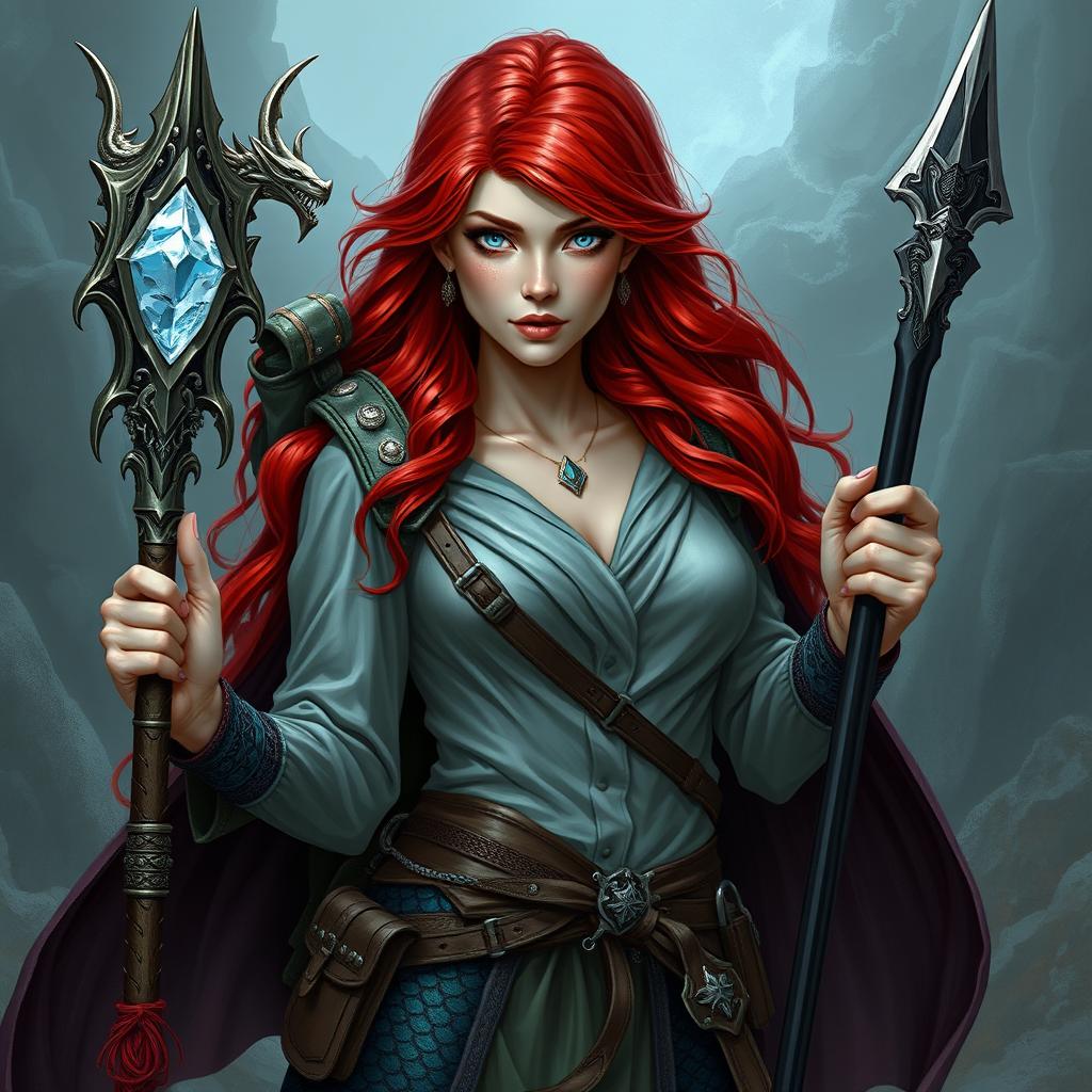 A stunning depiction of a Dungeons & Dragons mermaid draconic sorcerer in her human form, showcasing her striking red hair and mesmerizing silver eyes