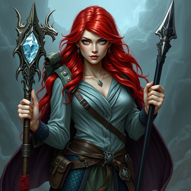 A stunning depiction of a Dungeons & Dragons mermaid draconic sorcerer in her human form, showcasing her striking red hair and mesmerizing silver eyes