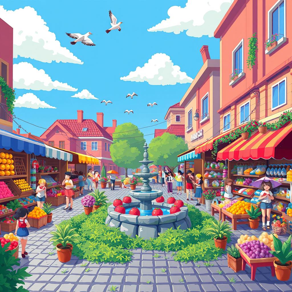 A vibrant and colorful pixel art scene depicting a bustling city market full of cheerful characters