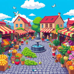 A vibrant and colorful pixel art scene depicting a bustling city market full of cheerful characters