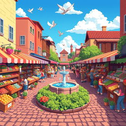 A vibrant and colorful pixel art scene depicting a bustling city market full of cheerful characters