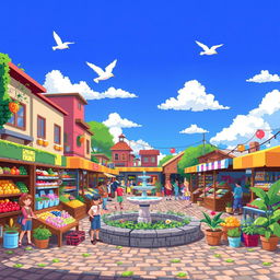 A vibrant and colorful pixel art scene depicting a bustling city market full of cheerful characters