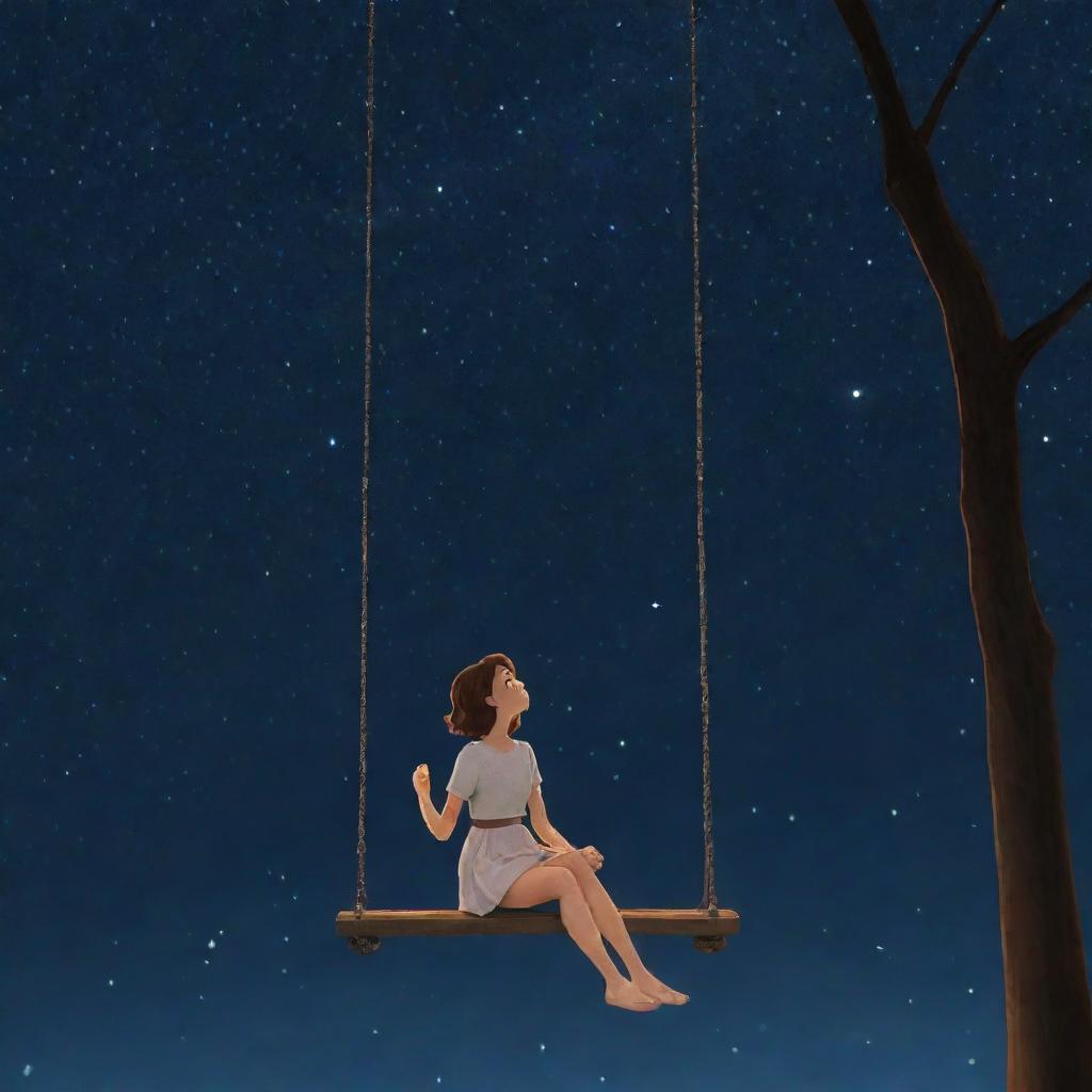 Animated woman sitting on a swing, looking up at a star-filled night sky