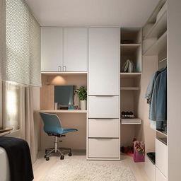 A well-organized 13x10 room design featuring a bed, a study table, a dressing unit, and clever placement of wardrobes and lofts.