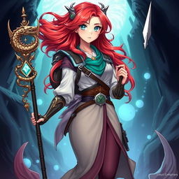 An anime-style illustration of a Dungeons & Dragons mermaid draconic sorcerer in her human form