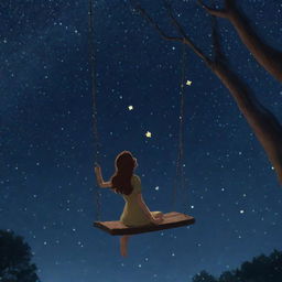 Animated woman sitting on a swing, looking up at a star-filled night sky