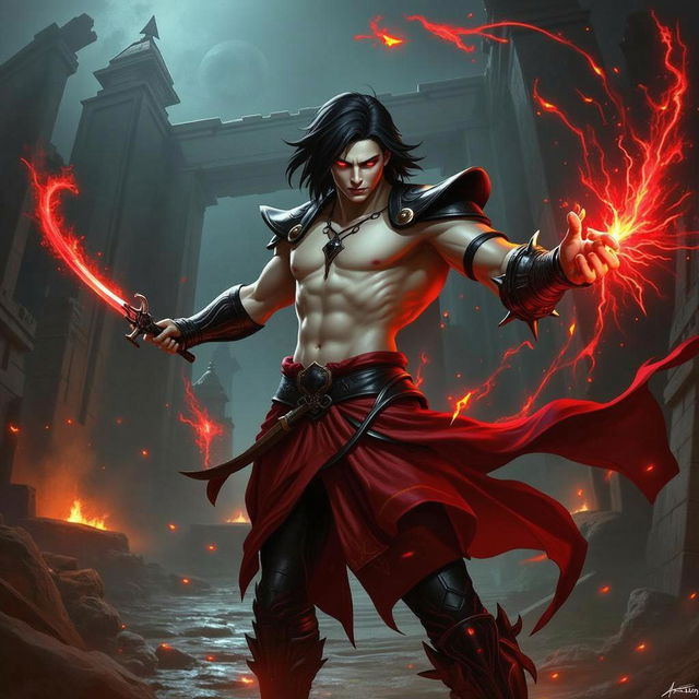 Alistar Bloodthirst, a 132-year-old male vampire from Ixalan, depicted in an imposing pose