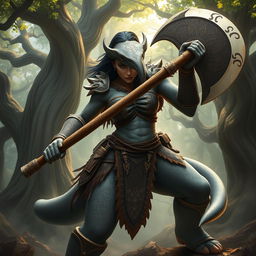 A powerful female loxodon fighter, showcasing her impressive physique and strength