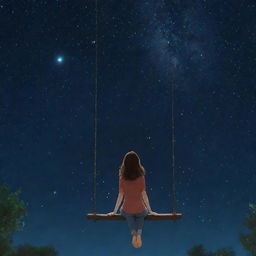 Animated woman sitting on a swing, looking up at a star-filled night sky