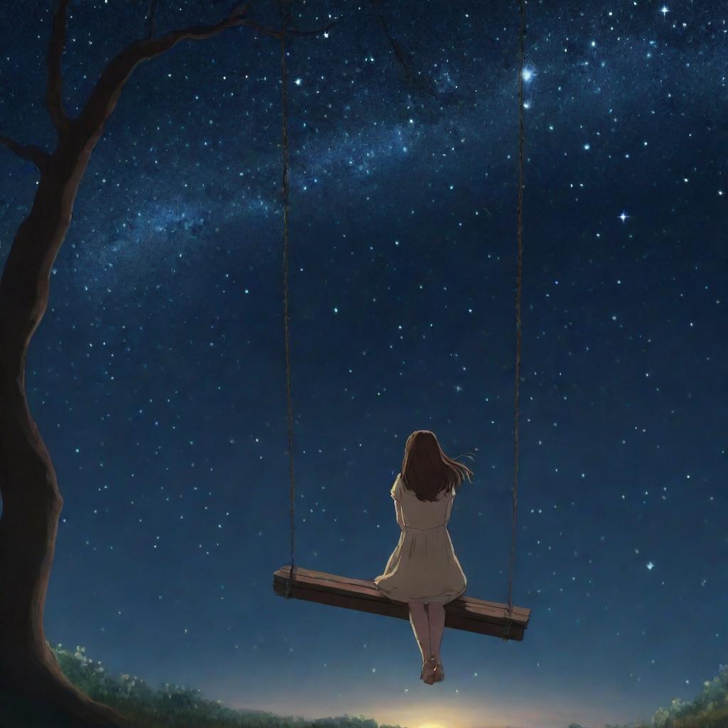 Animated woman sitting on a swing, looking up at a star-filled night sky