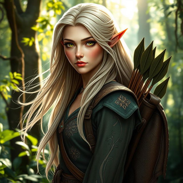 A striking elf with long, flowing blond hair and piercing green eyes