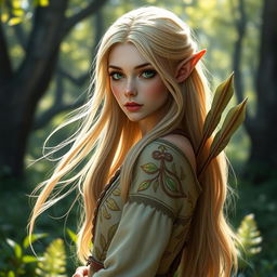 A striking elf with long, flowing blond hair and piercing green eyes